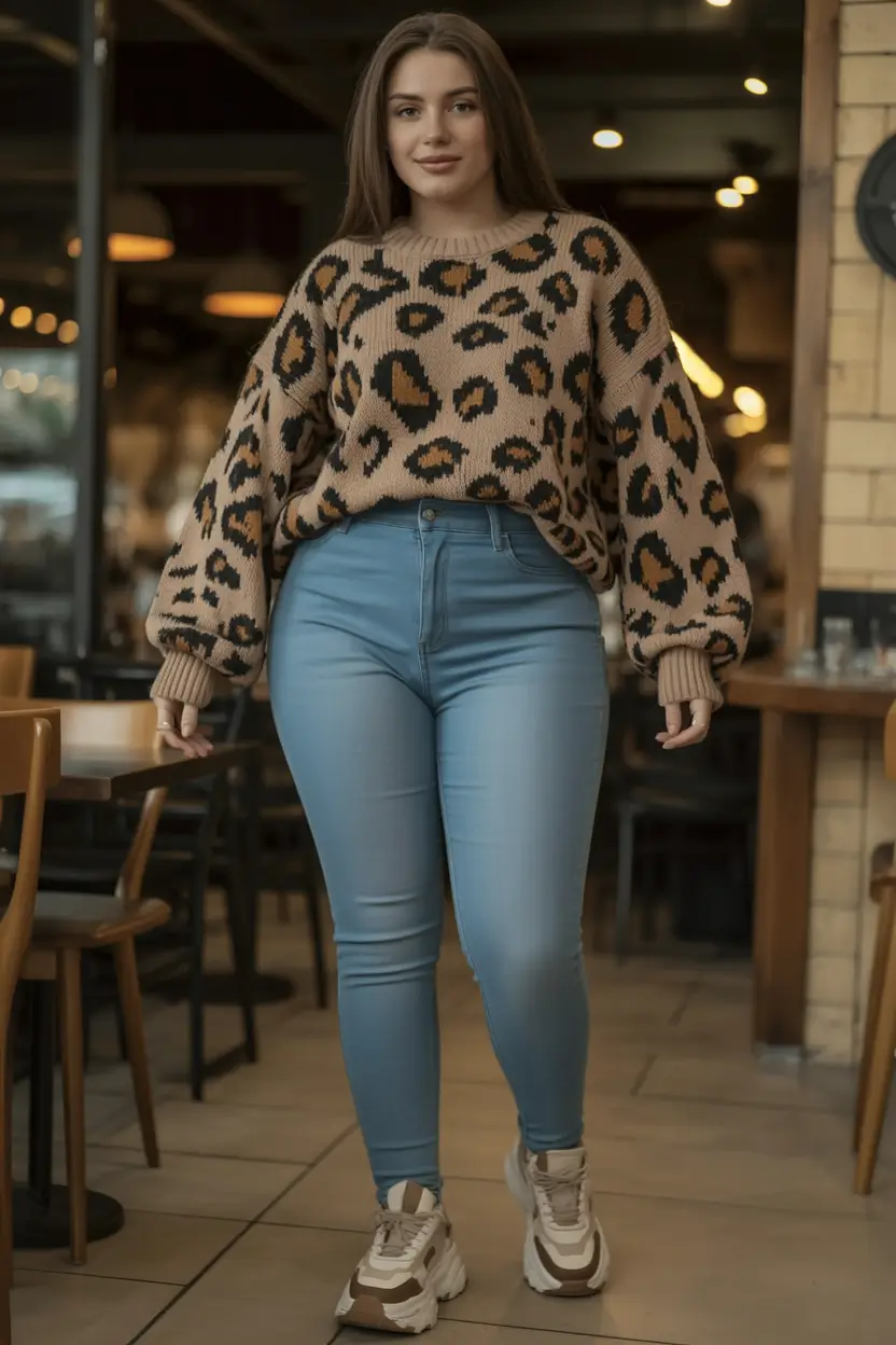 midsize fall outfits Playful Leopard and Light Denim