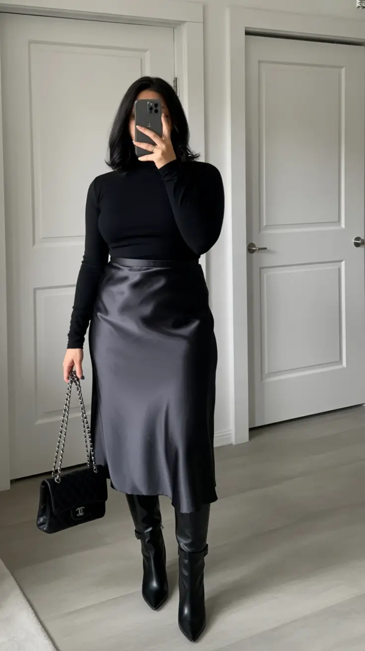 midsize fall outfits Satin & Knit: A Luxe Texture Contrast