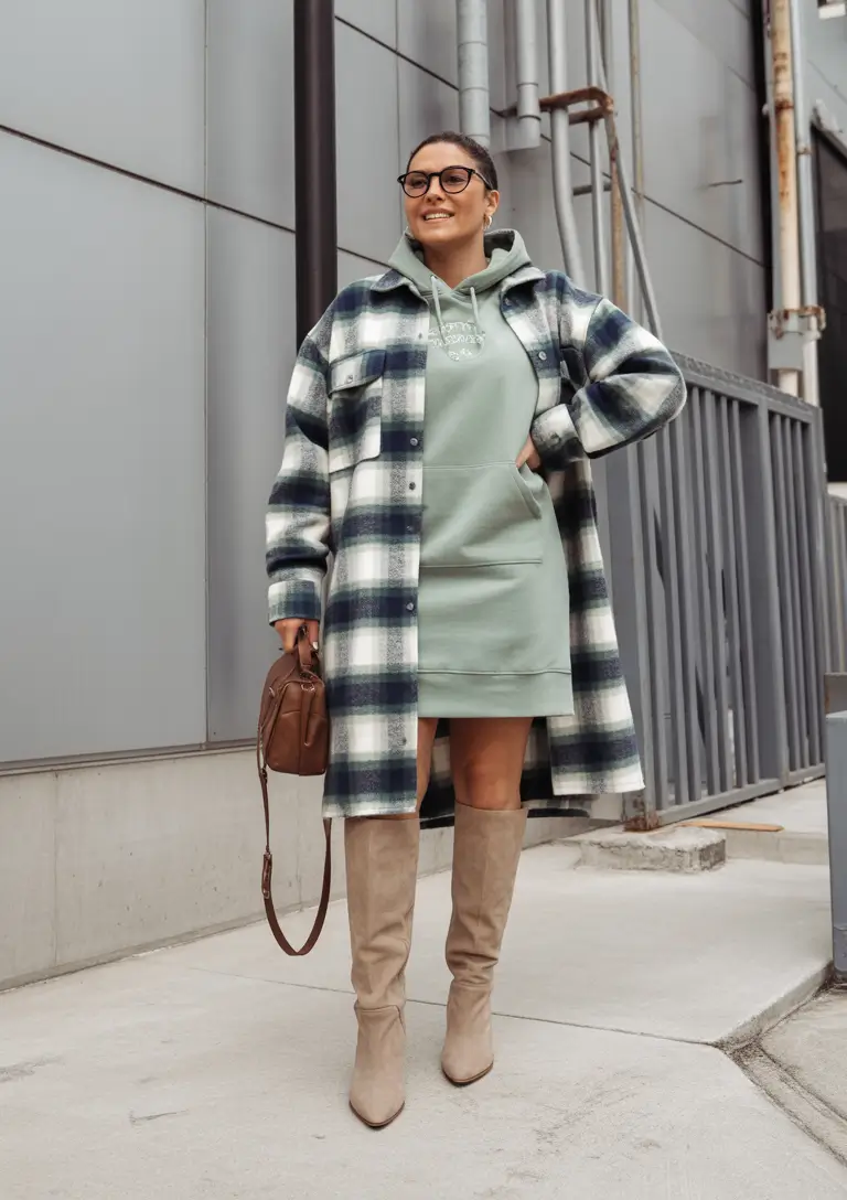 midsize fall outfits Preppy Cool: Hoodie Dress Meets Shacket