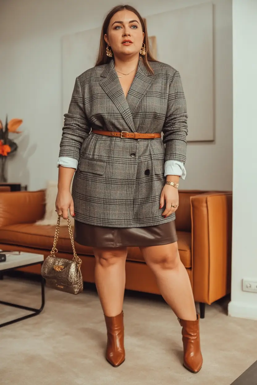 midsize fall outfits Belted Blazer & Mini Skirt Power Combo