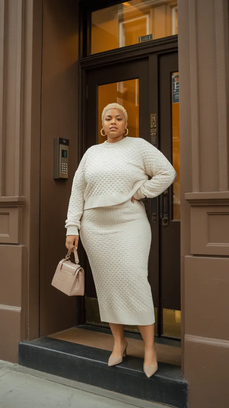 midsize fall outfits Textured Monochrome Knits for Luxe Coziness
