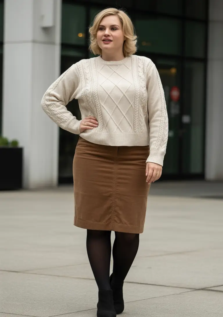 midsize fall outfits Classic Cream Cable & Corduroy Pencil Skirt