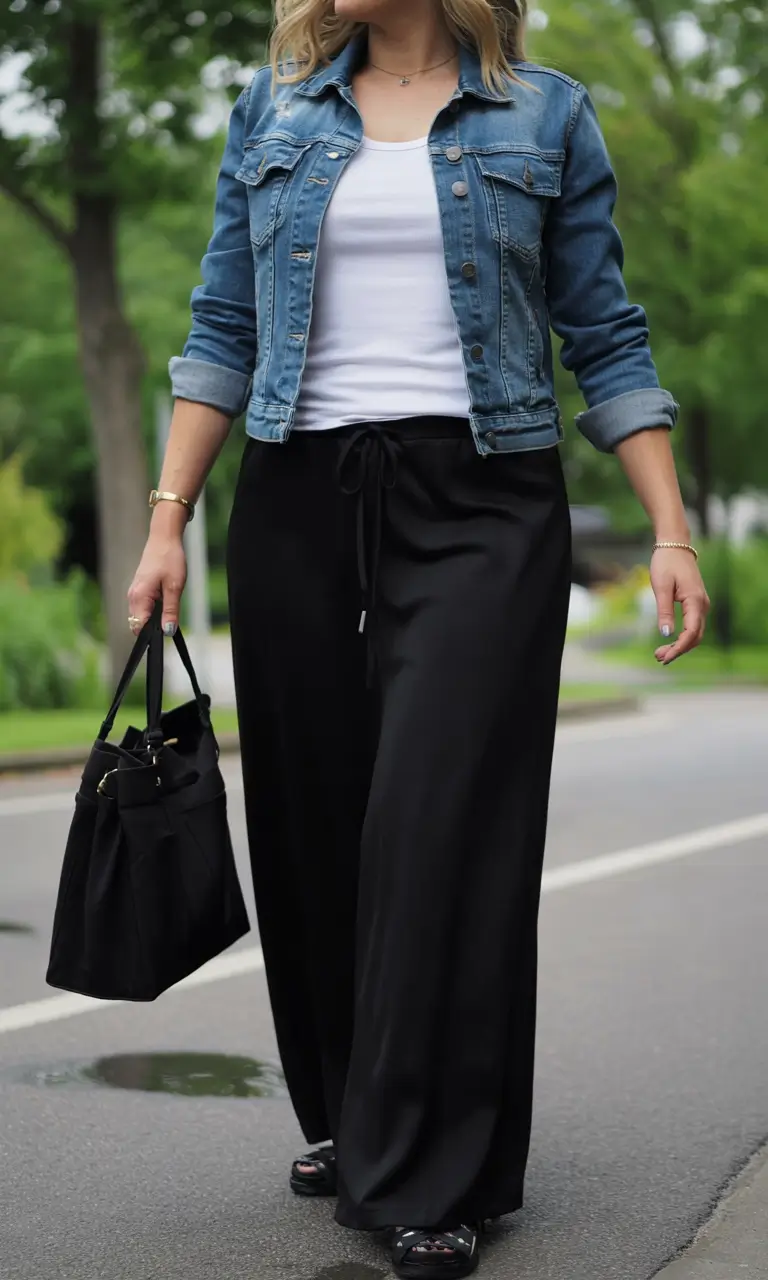 midsize fall outfits Denim Jacket & Satin Pants Combo