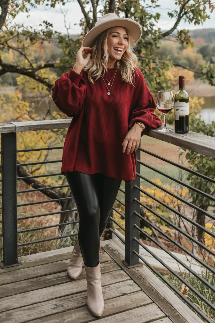 midsize fall outfits Burgundy Knit & Faux Leather Leggings with Western Vibes