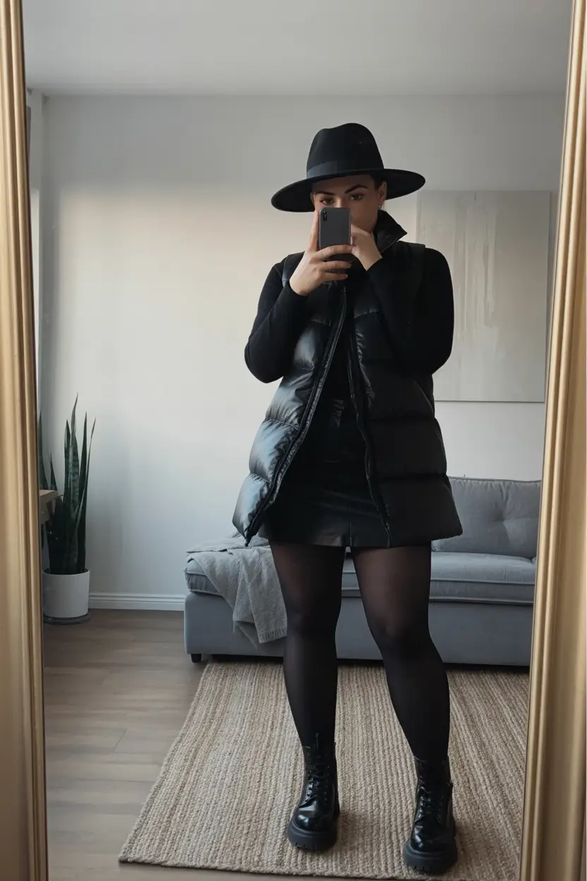 midsize fall outfits Layered Leather and Puff for Street Glam