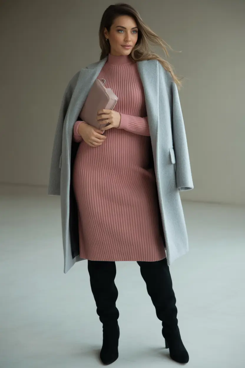 midsize fall outfits Dusty Rose Knit Dress with Tailored Cool