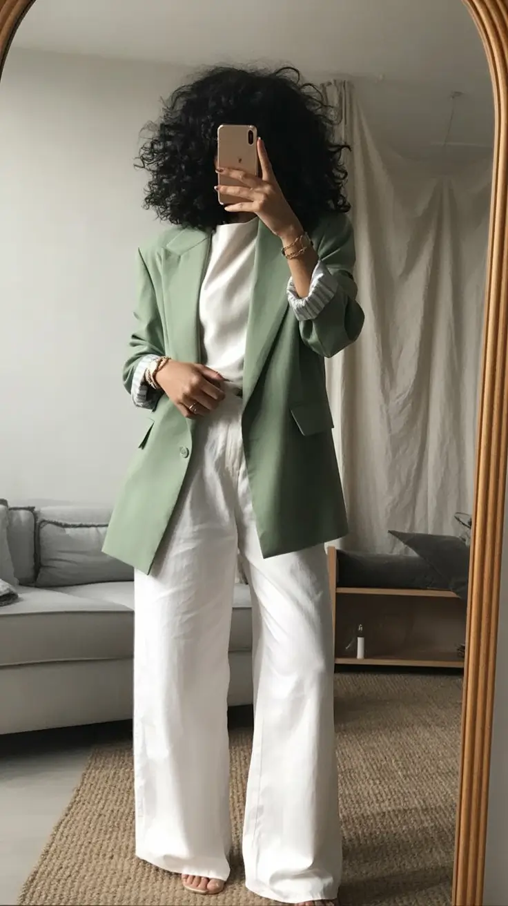 fall business casual outfits for men+Muted Green & White For Effortless Soft Power