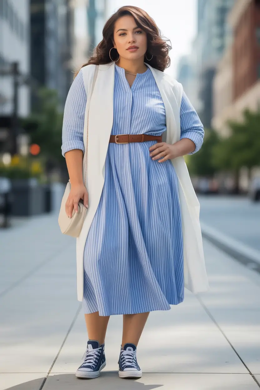mom-outfits-for-fall-Smart and Playful in Striped Cotton and Converse