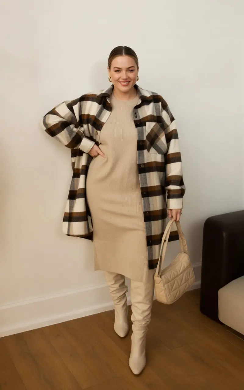 mom-outfits-for-fall-Beige-on-Beige With Plaid Attitude