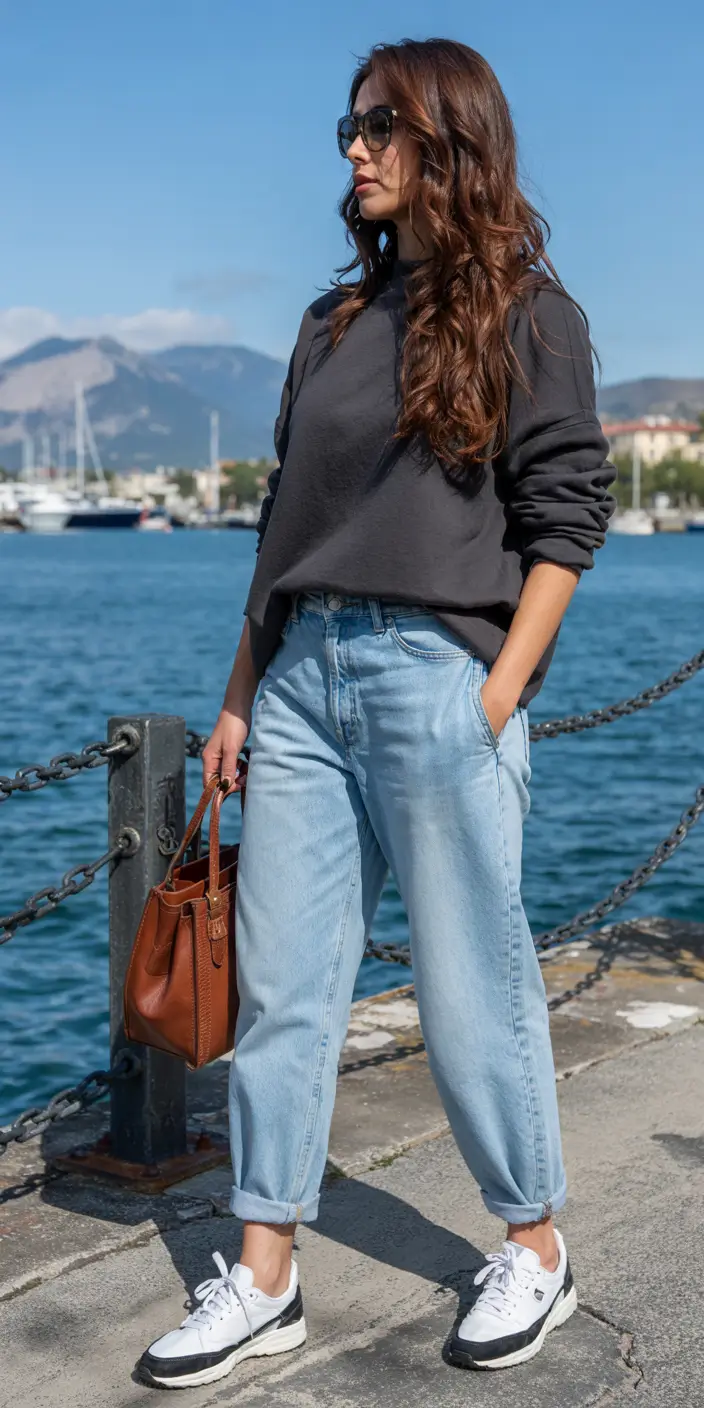 mom-outfits-for-fall-Effortless Waterfront Cool in Black and Denim