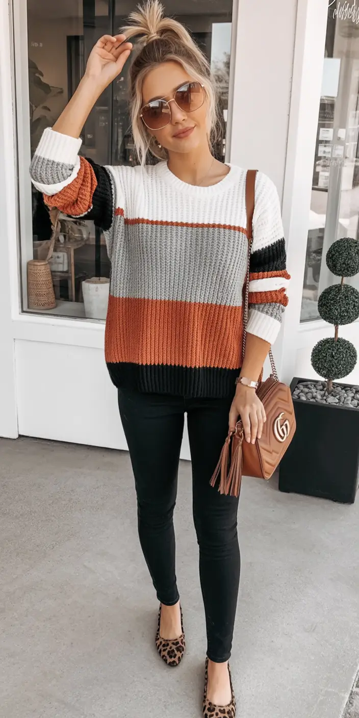 mom-outfits-for-fall-Harvest Tones and Pattern Play