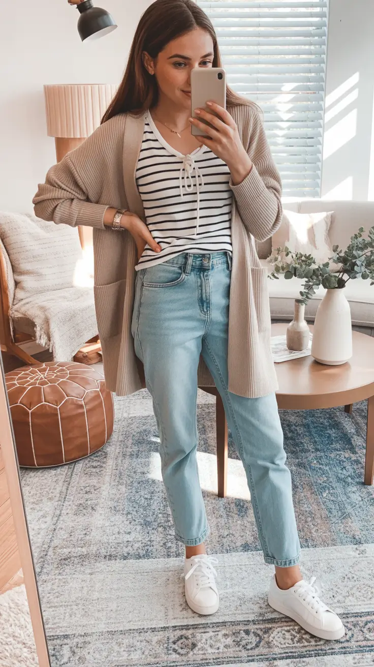 mom-outfits-for-fall-Striped Staples and Soft Layers