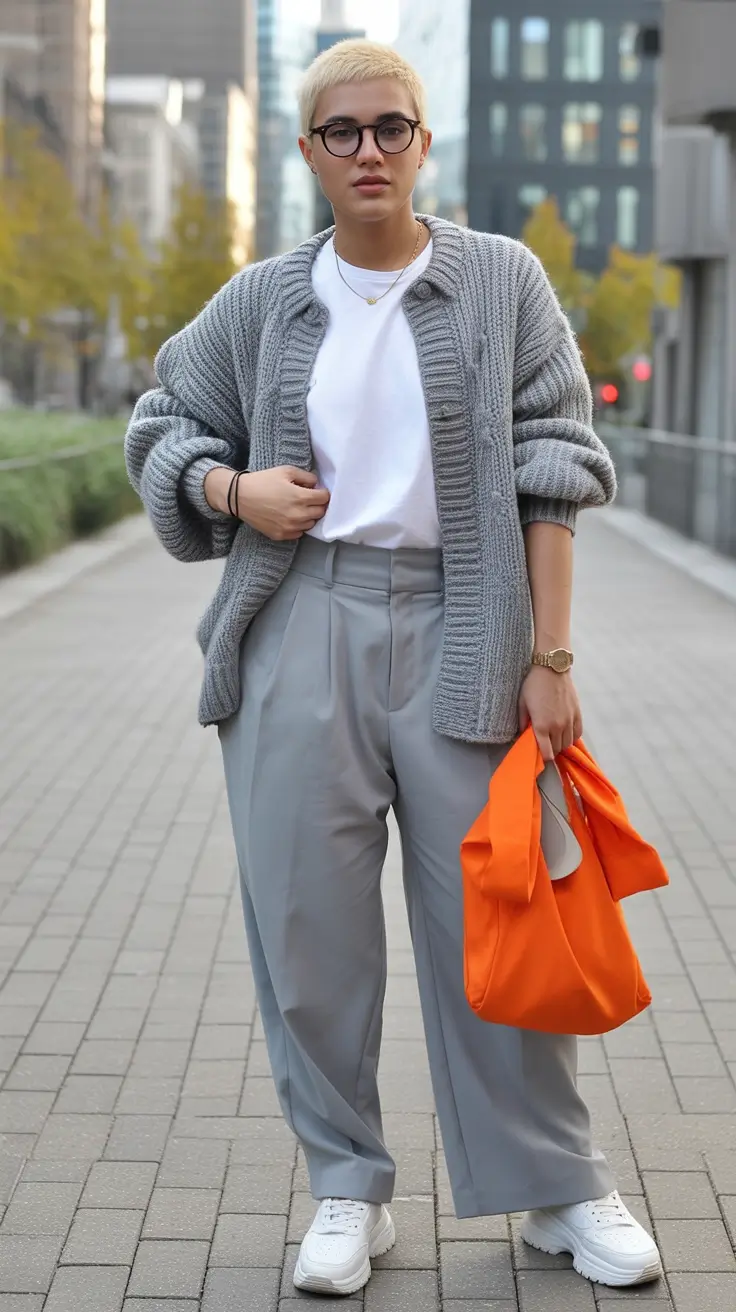mom-outfits-for-fall-Urban Neutrals With a Pop of Bold