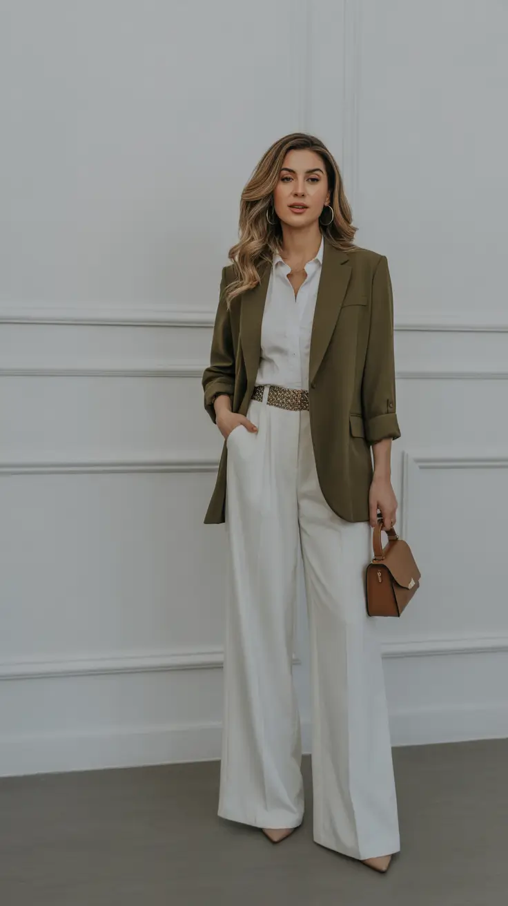 fall fashion trends for women 2025+Olive Blazer and Wide-Leg Cream Trousers