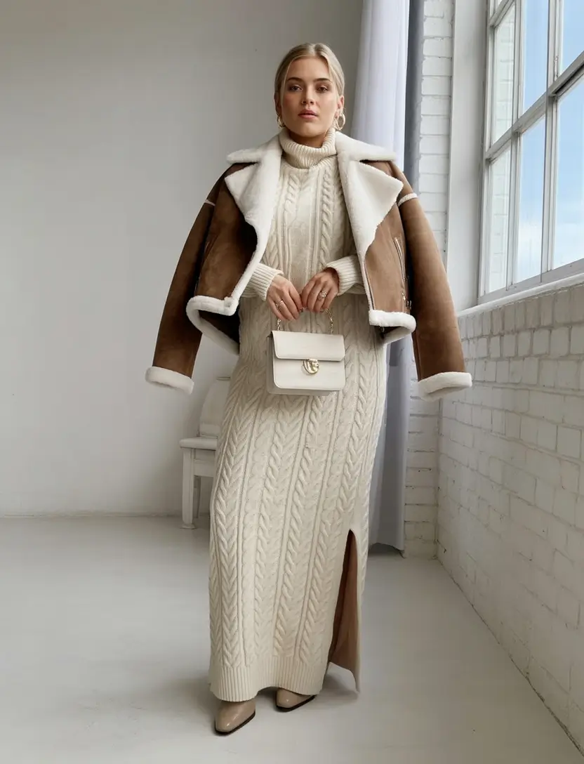 fall fashion trends for women 2025+Shearling Jacket and Cable Knit Maxi
