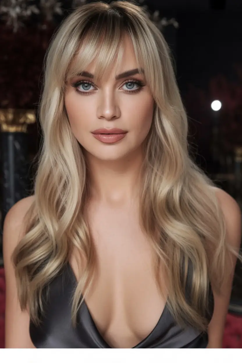 Fall hair color for blondes Blonde Curtain Bangs With Subtle Caramel Balayage