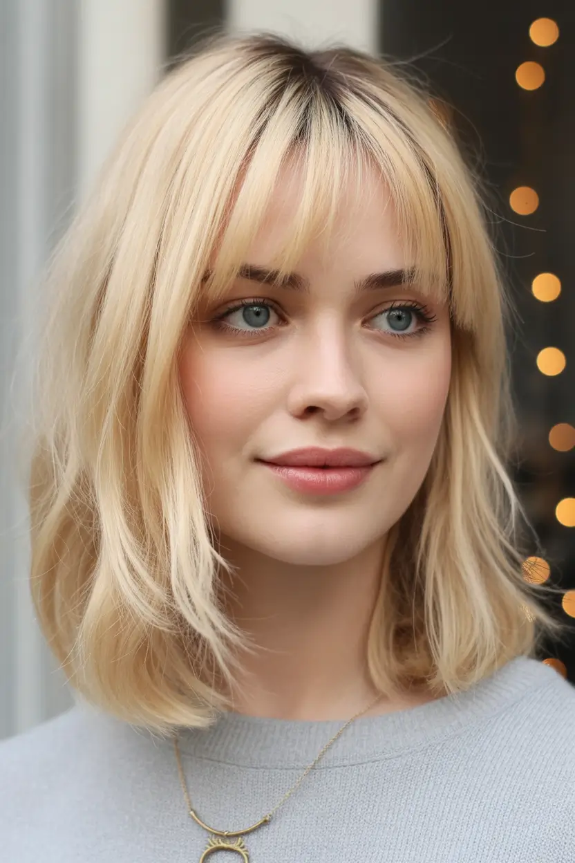 Fall hair color for blondes Feathered Butter Blonde Bob With Baby Bangs