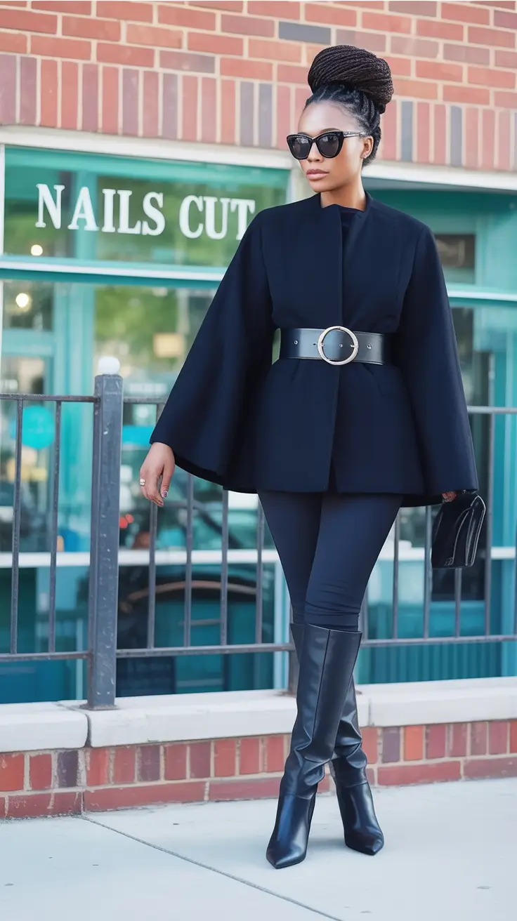 fall outfits for black women+Modern Cape Drama with a Cinch