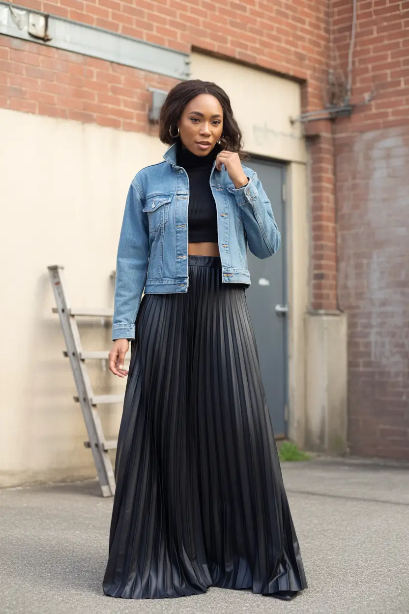 fall outfits for black women+Denim Jacket & Pleated Skirt Flow