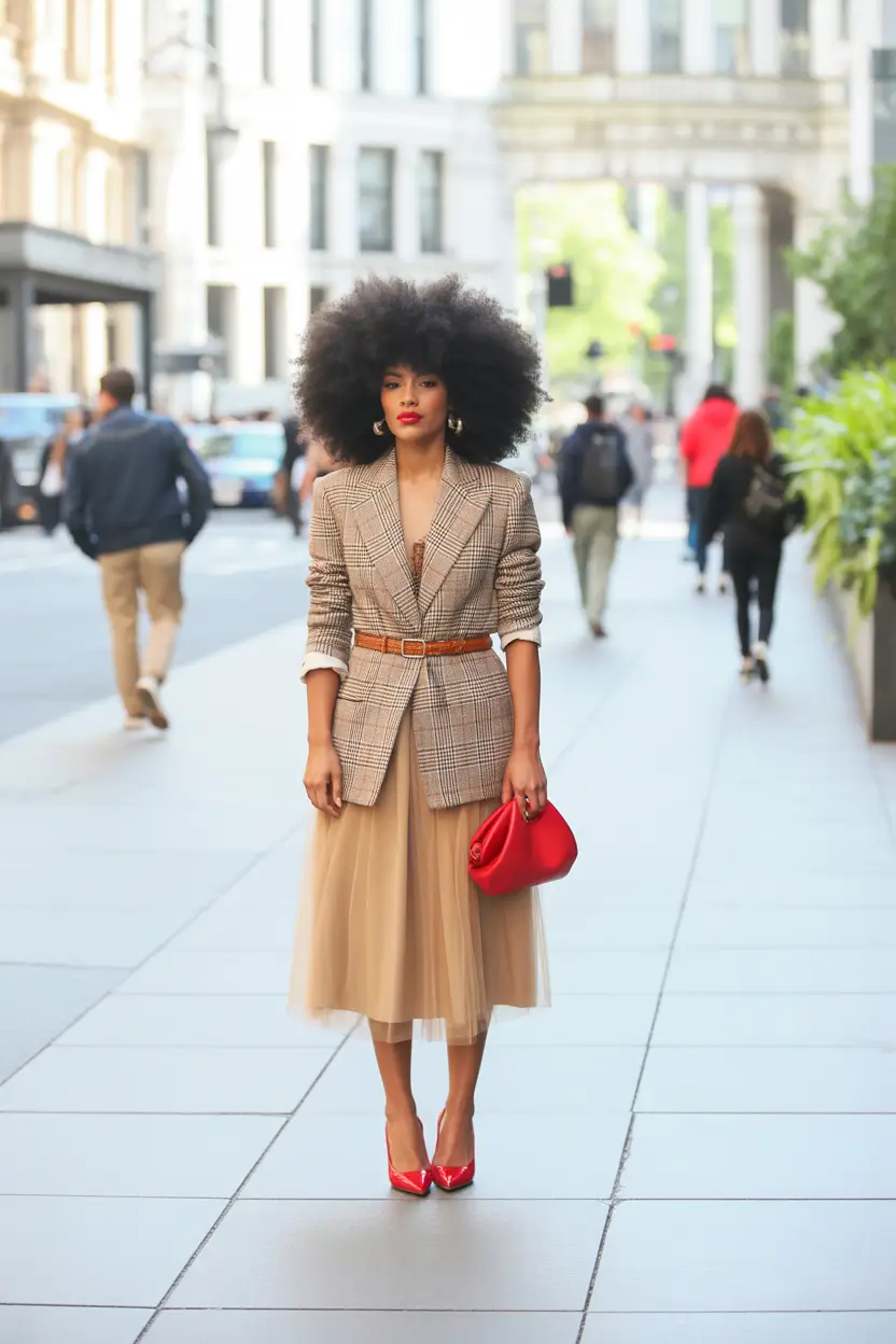 fall outfits for black women+Plaid Blazer and Tulle for the Win