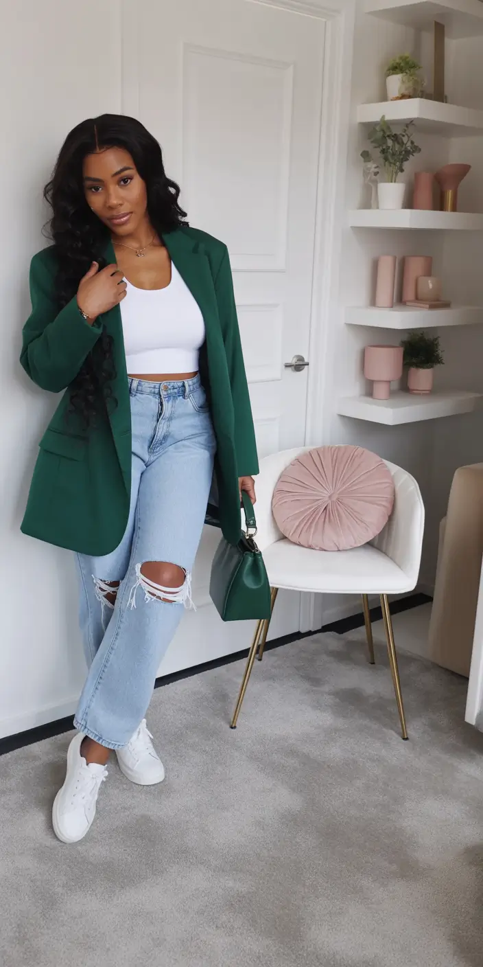 fall outfits for black women+Relaxed Green Blazer and Ripped Denim