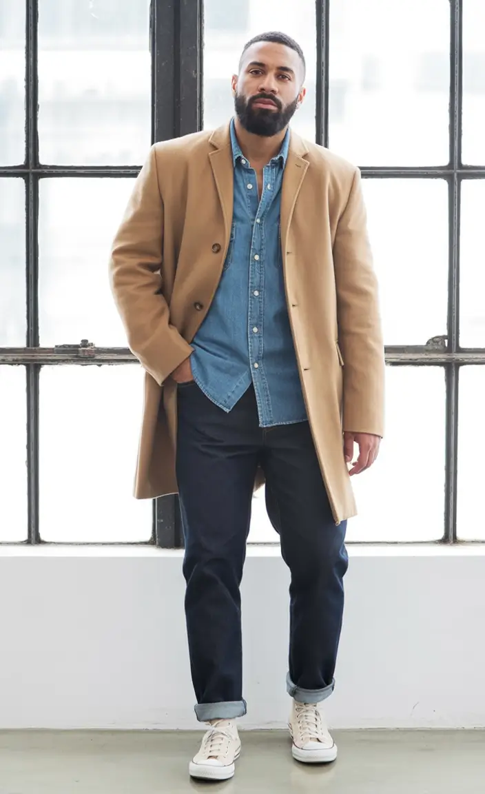 fall outfits for men+Layered Neutrals with Denim Charm
