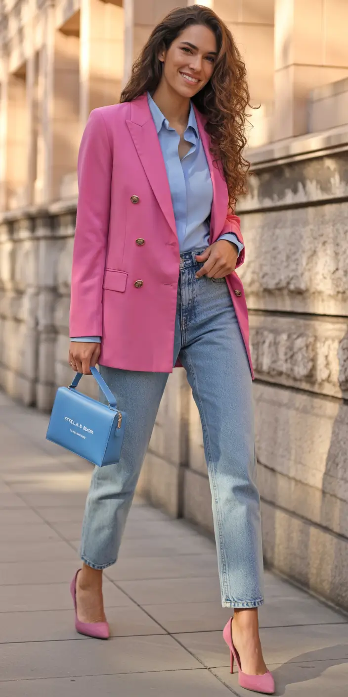 fall outfits ideas 2025 Bubblegum Boss in Blazer and Denim