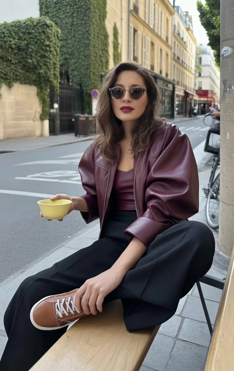 fall outfits ideas 2025 Parisian Cool in Leather and Wide-Leg Glam