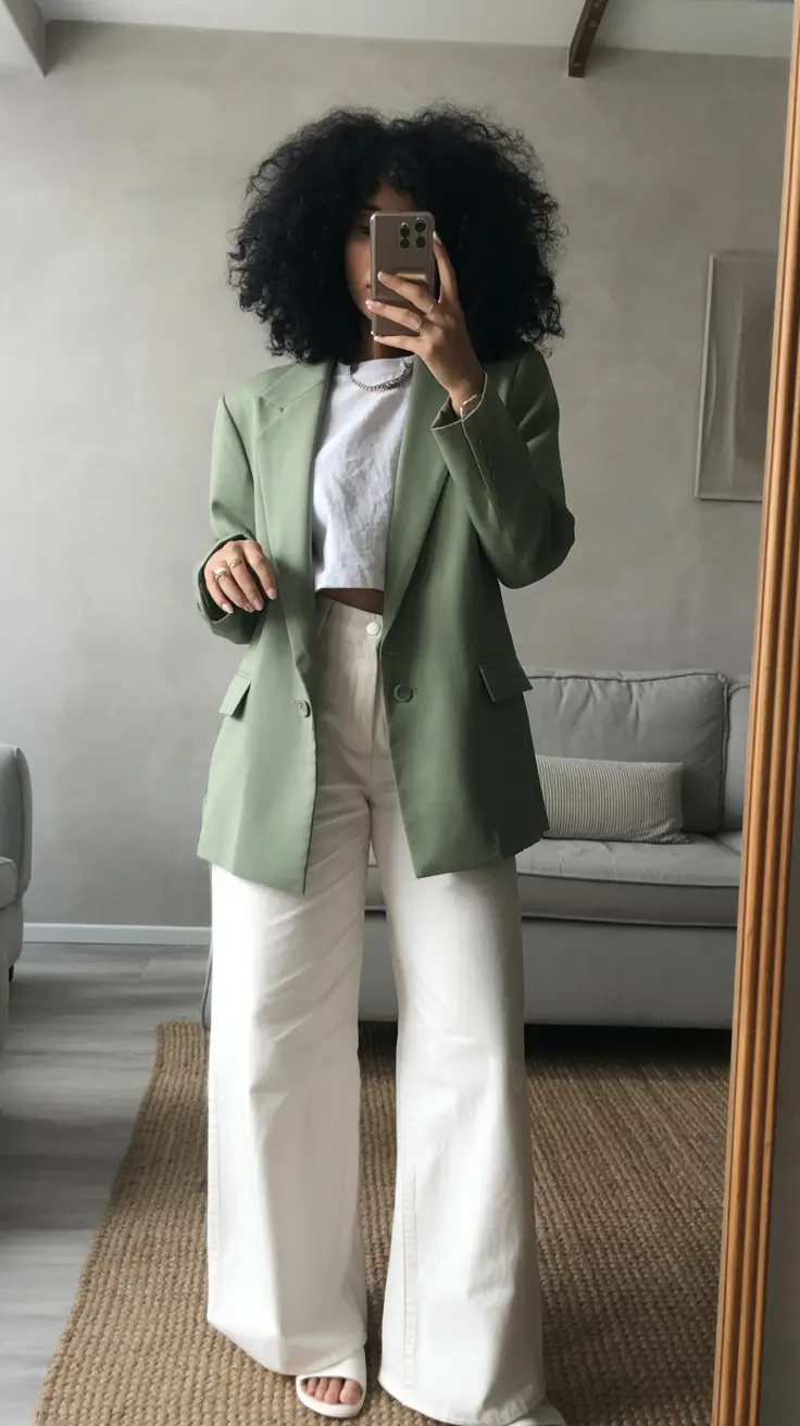 fall outfits ideas 2025 Mint Blazer and White Denim Revival