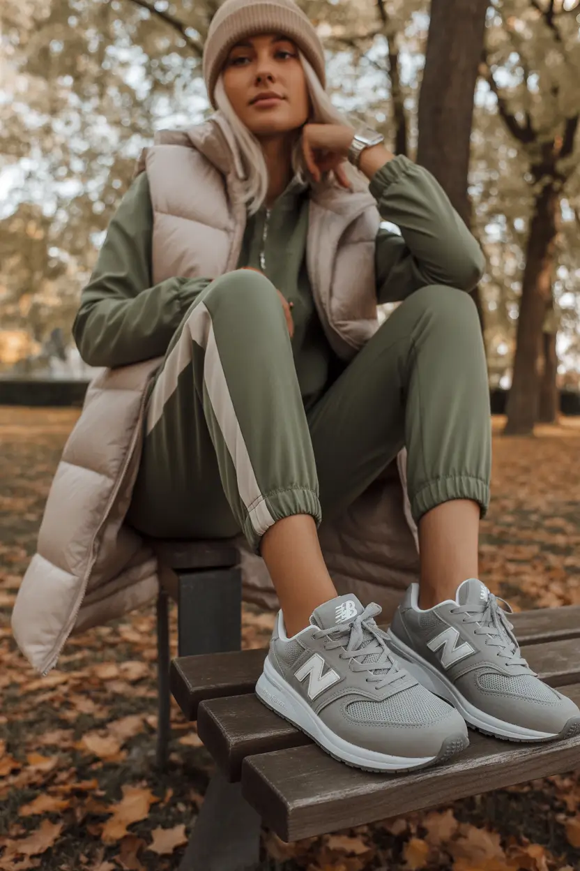 everyday fall outfits Neutral Tracksuit with a Puffer Twist