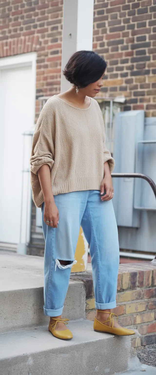 everyday fall outfits Muted Knit with a Splash of Mustard
