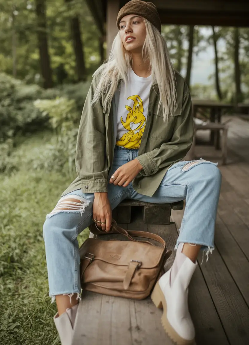 everyday fall outfits Graphic Tee & Olive Layers for the Win