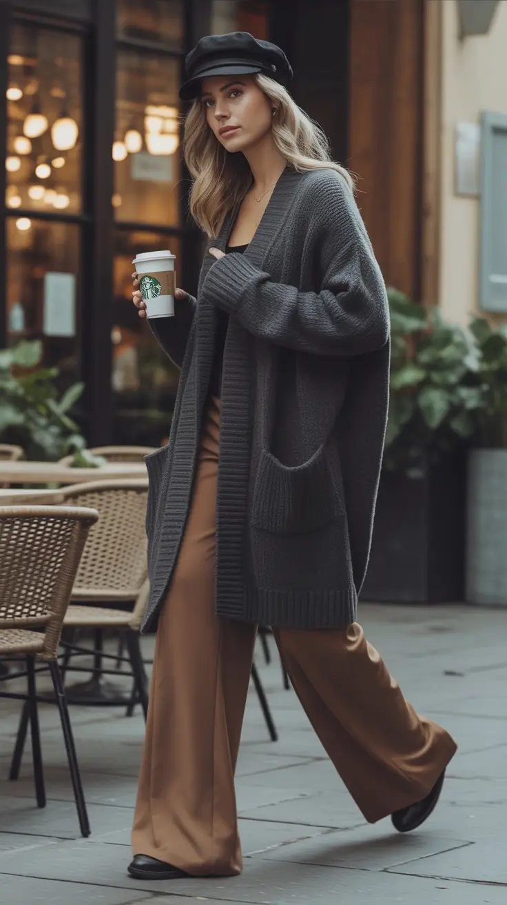 everyday fall outfits Cozy Cardigan & Wide-Leg Cool