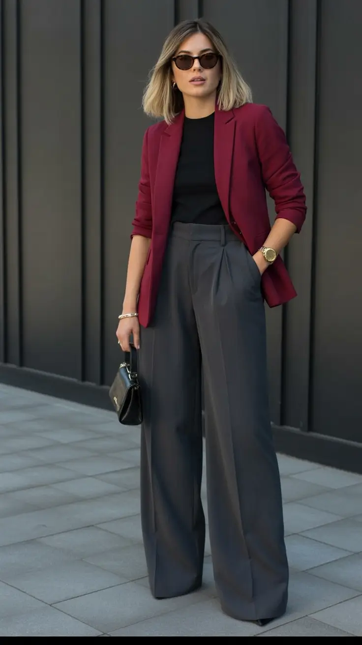 everyday fall outfits Tailored Boldness with a Pop of Wine