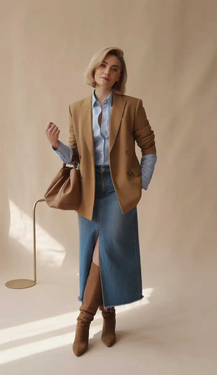 fall outfits with jeans 2025 Structured Blazer Meets Slit Skirt Energy