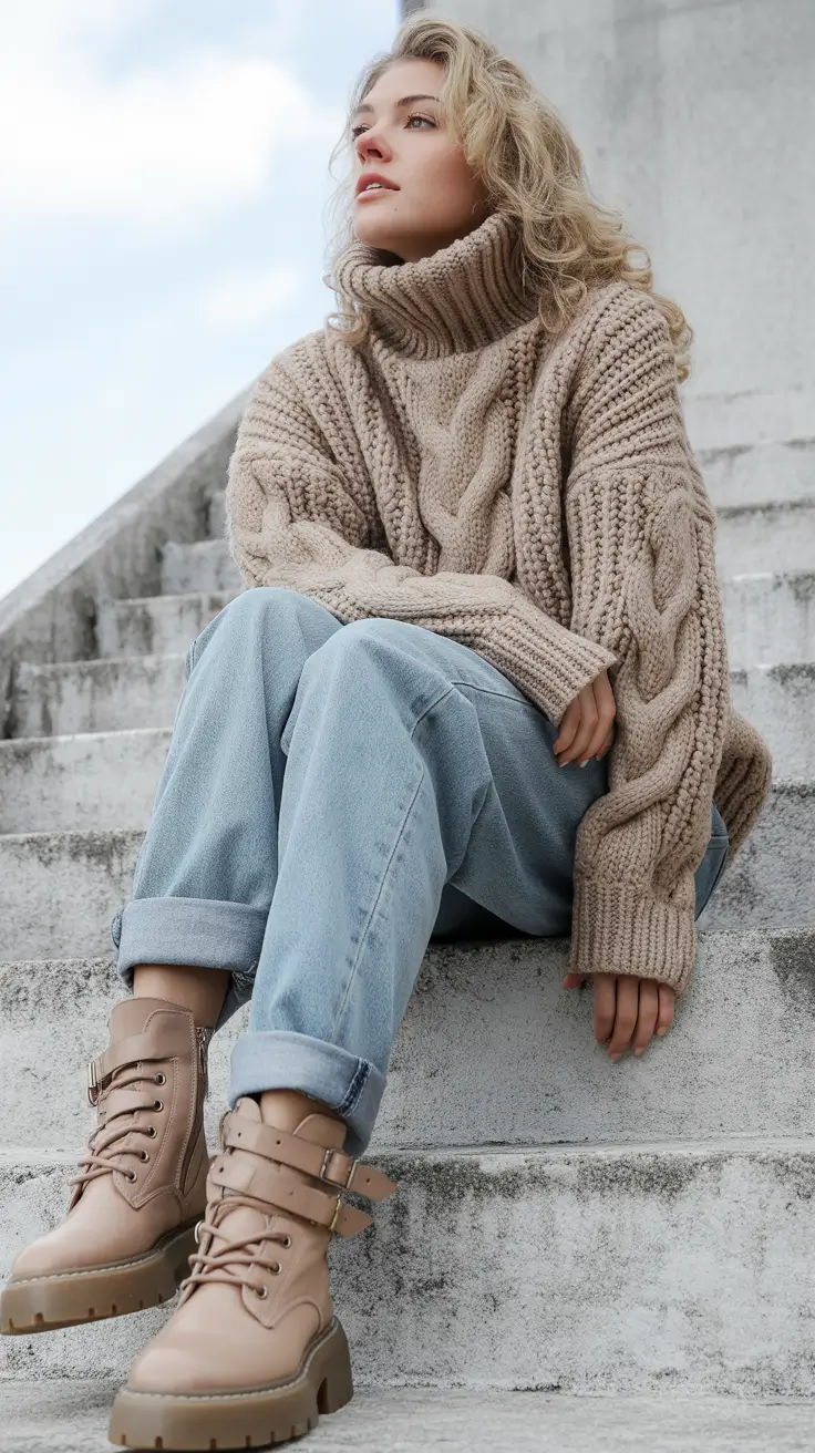 fall outfits with jeans 2025 Chunky Knit and Earth-Toned Combat Boots