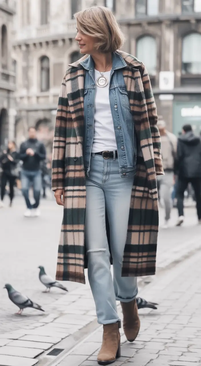 fall outfits with jeans 2025 Plaid Coat Power With Denim Underlayers