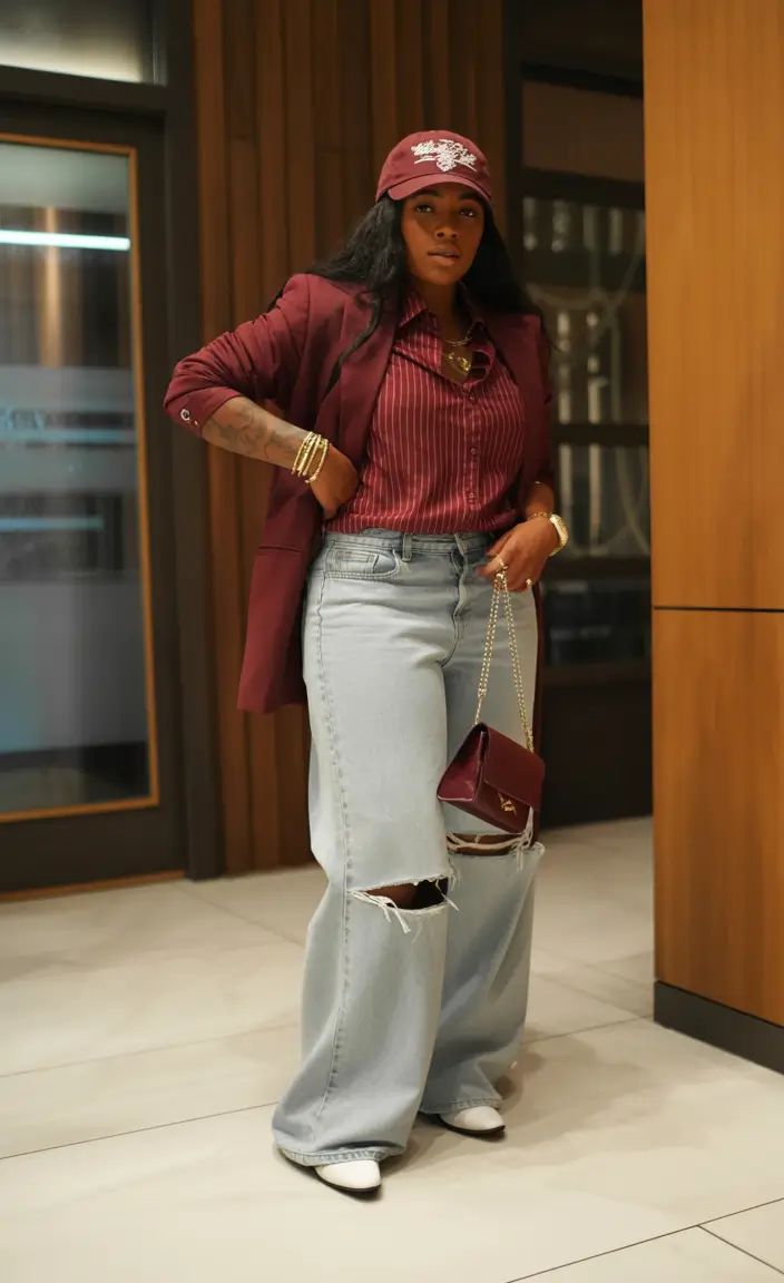 fall outfits with jeans 2025 Burgundy Layers With Wide-Leg Cool