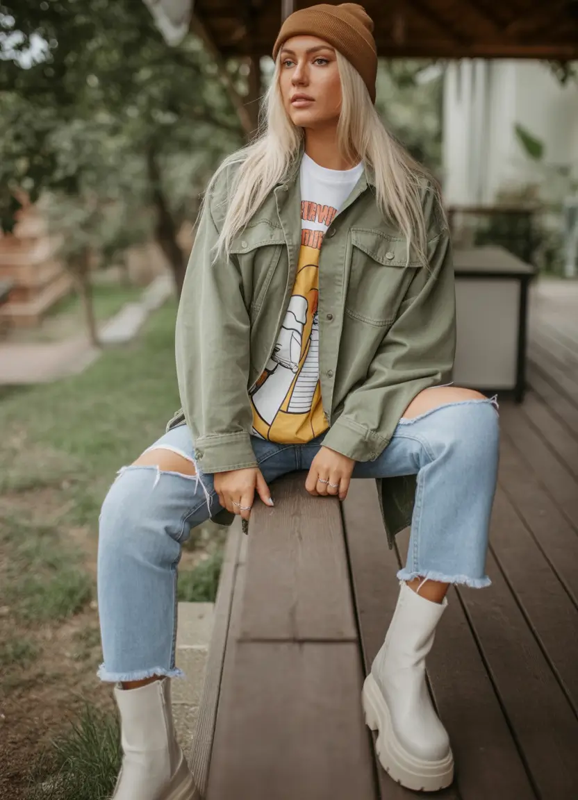 fall outfits with jeans 2025 Graphic Tee Army Green and Chunky White Boots
