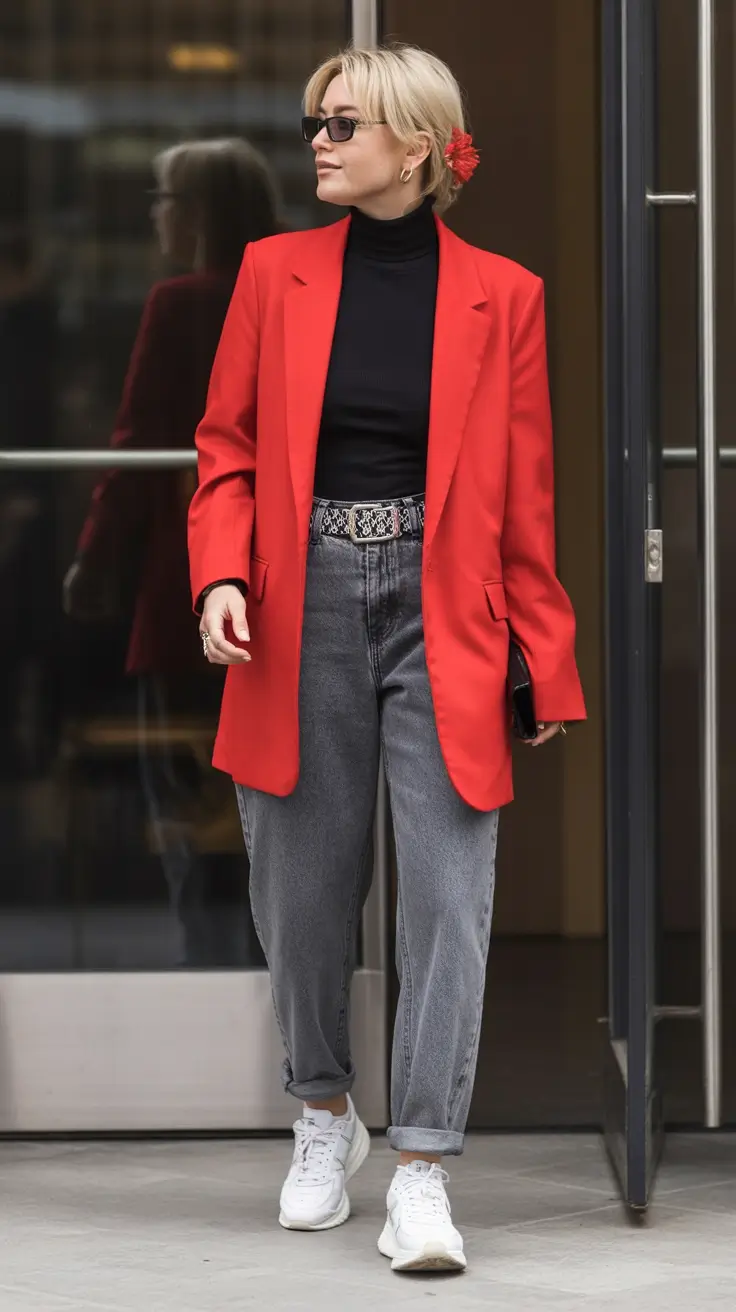 fall outfits with jeans 2025 Fire Red Blazer and Dad Jean Cool