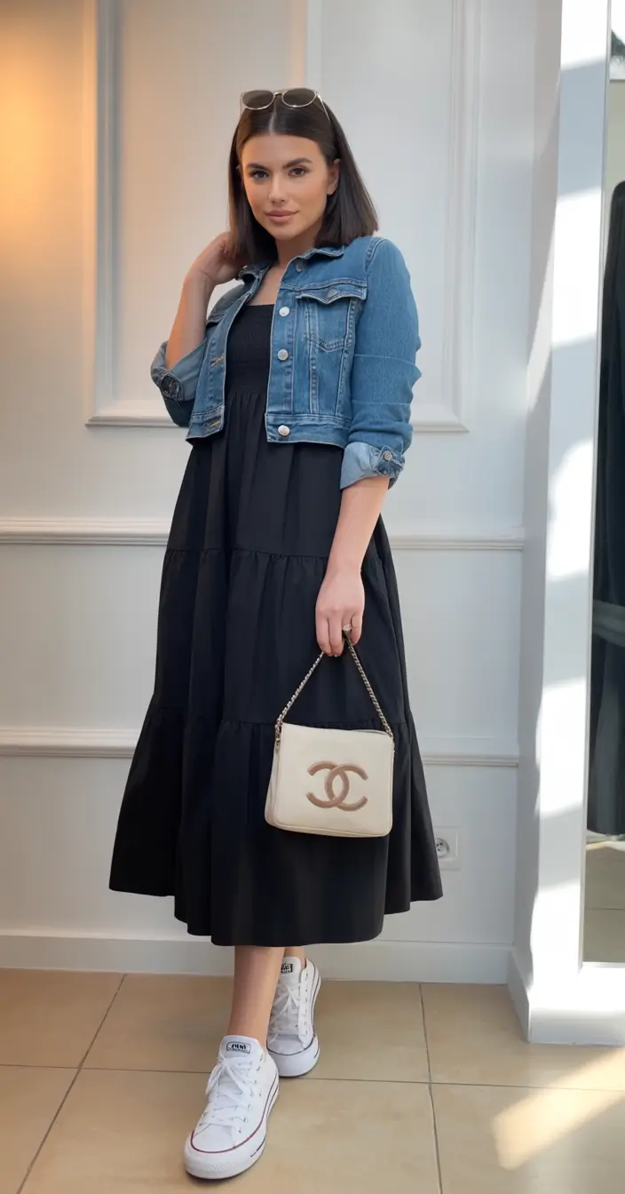 fall outfits with jeans 2025 Denim Jacket Over Dress Transitional Queen