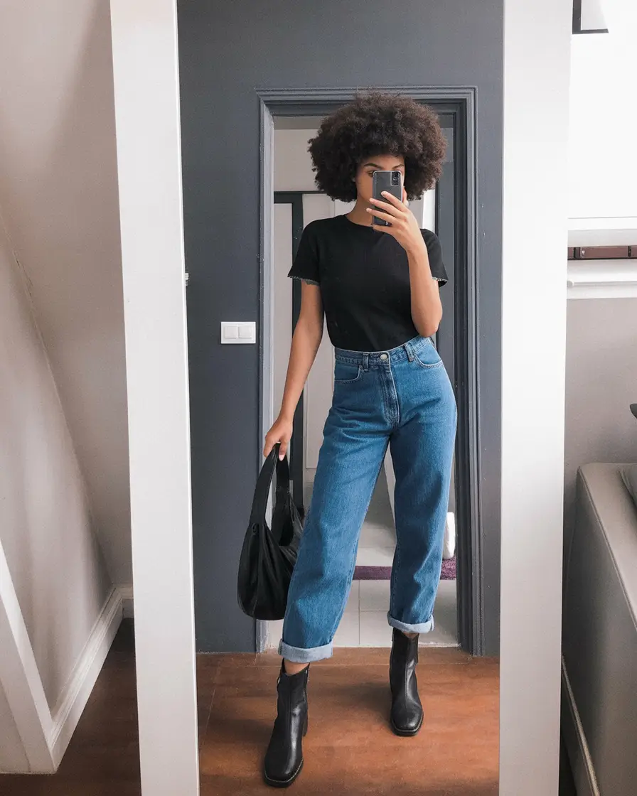 fall outfits with jeans 2025 Classic Black Tee Cuffed Jeans Total Cool Girl Vibe