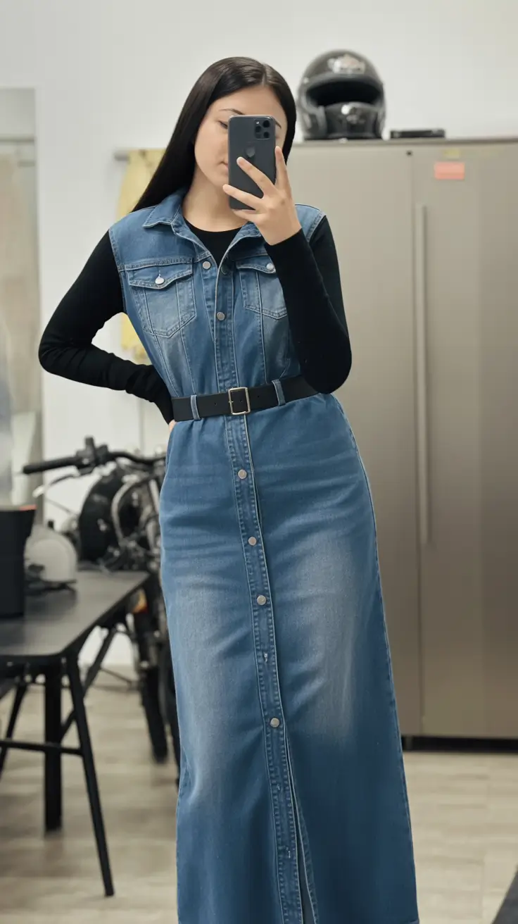 fall outfits with jeans 2025 Belted Denim Dress That Owns the Room