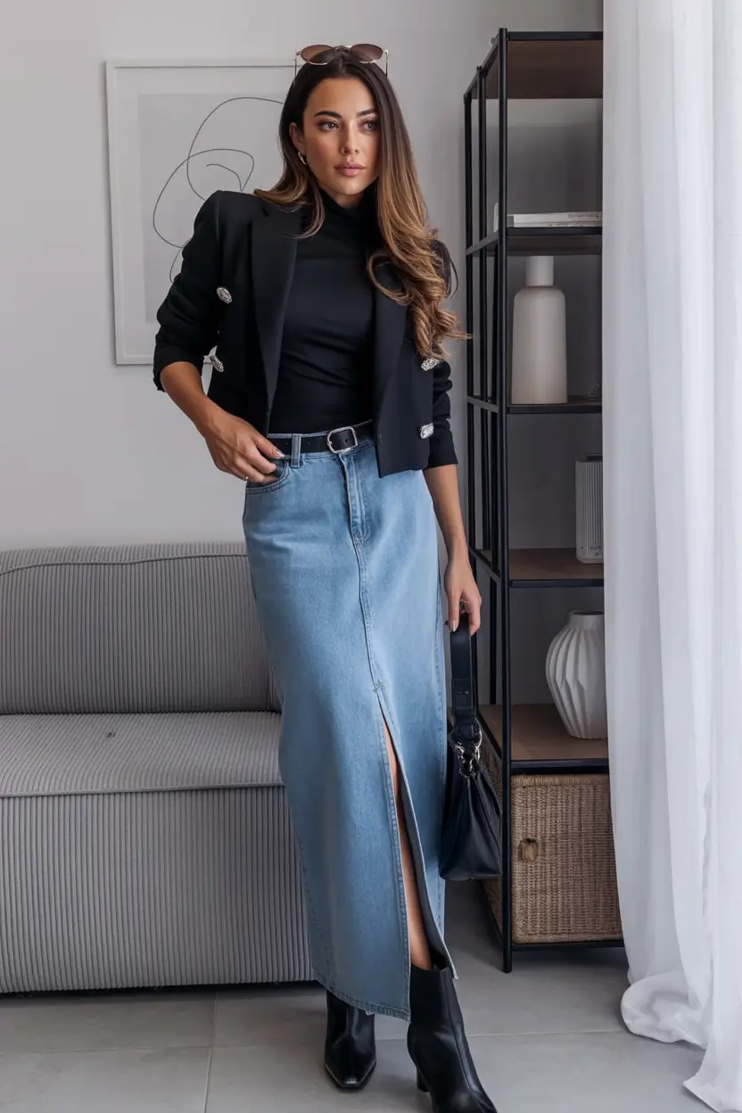 fall outfits with jeans 2025 Black Turtleneck Long Denim Skirt Autumn Uniform