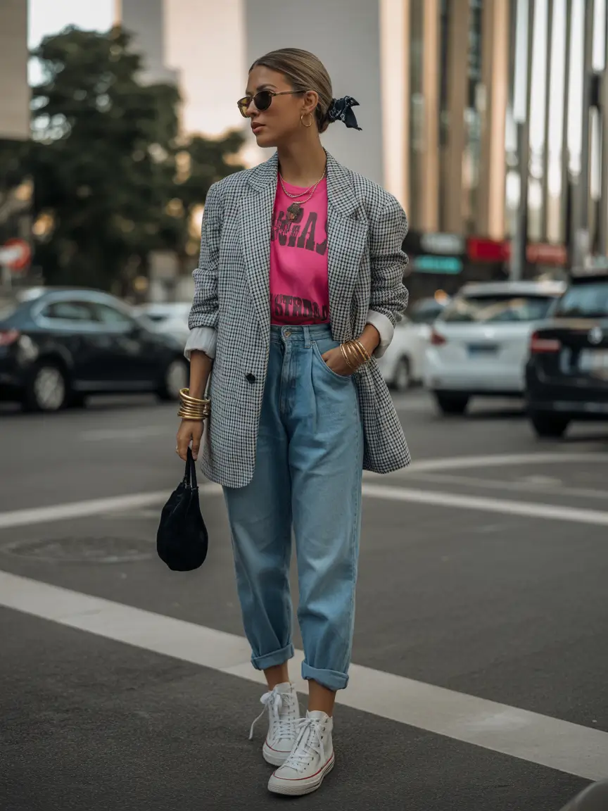 fall outfits with jeans 2025 Street-Style Rebel in Pink and Gingham