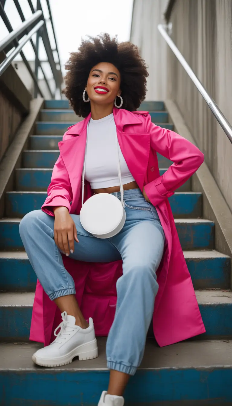 fall outfits with jeans 2025 Fuchsia Power Coat and White Kicks