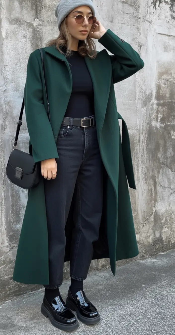 fall outfits with jeans 2025 Emerald Drama With a City Edge