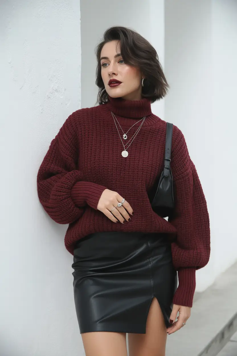 fall transition outfits Leather + Burgundy: The Ultimate Power Duo
