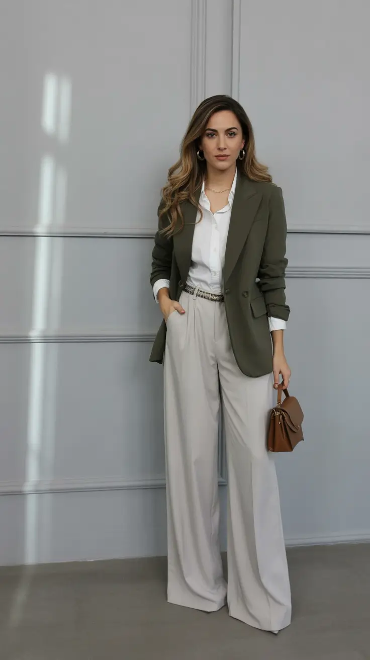 fall transition outfits Soft Power Suit with an Olive Twist