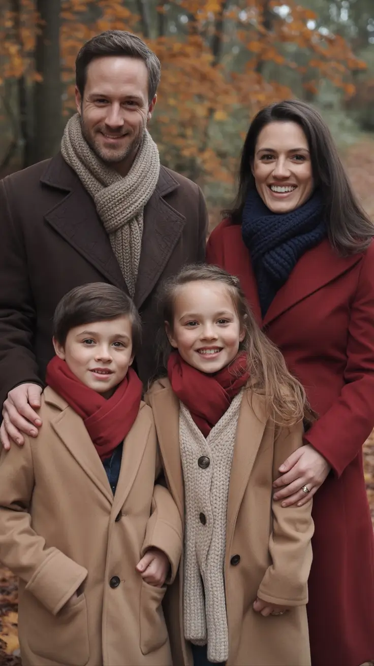 fall family photo outfits Deep Reds and Caramel Coats